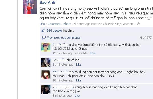 Lời biện minh của Bảo Anh trên facebook riêng. Lời biện minh của Bảo Anh trên facebook riêng.