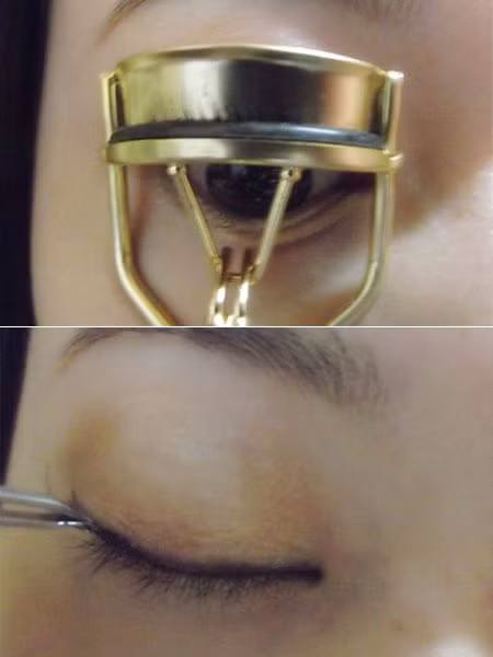 Trước khi kẹp mi giả thì bạn cần phải dùng kẹp mi để kẹp lông mi thật cho cong. Xem thêm: Trang điểm xinh / Bộ sưu tập váy chào hè 2012.