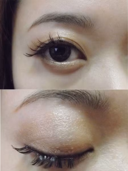 Mắt sau khi được gắn mi giả. Xem thêm: Trang điểm xinh / Bộ sưu tập váy chào hè 2012.