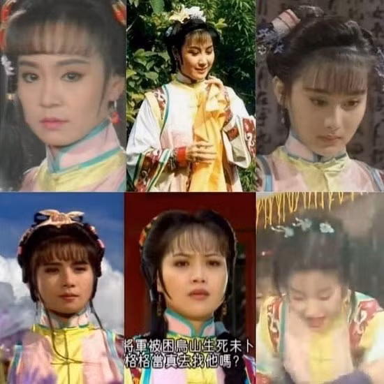 Bộ trang phục này khiến khán giả giật mình vì độ "nhai đi nhai lại" trong các phim của Quỳnh Dao và TVB với các người đẹp (từ trên xuống, từ trái qua): Lưu Tuyết Hoa, Thẩm Hải Dung, Trần Đức Dung, Nhạc Linh, Lâm Tú Linh và Triệu Vy.