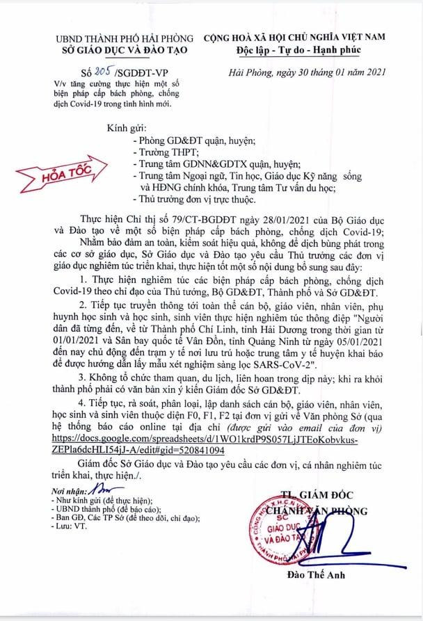 Văn bản chỉ đạo của Sở Giáo dục và Đào tạo Hải Phòng về phòng chống dịch Covid-19 (Ảnh: Lã Tiến)