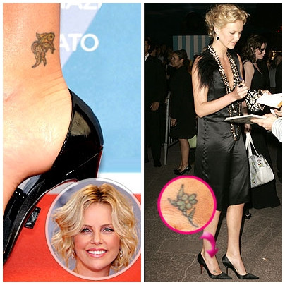 Charlize Theron và mẹ đều có hình xăm loài cá Koi nổi tiếng Nhật Bản ở mắt cá chân. Koi là loài cá được xem là biểu tượng của sự quyết tâm và sức mạnh, vì giống cá này có thể bơi ngược dòng nước đang chảy xiết hay thậm chí nơi có thác nước dữ dội. Ngoài ra Charlize còn có hình xăm một bông sen ở mu bàn chân phải. Charlize Theron và mẹ đều có hình xăm loài cá Koi nổi tiếng Nhật Bản ở mắt cá chân. Koi là loài cá được xem là biểu tượng của sự quyết tâm và sức mạnh, vì giống cá này có thể bơi ngược dòng nước đang chảy xiết hay thậm chí nơi có thác nước dữ dội. Ngoài ra Charlize còn có hình xăm một bông sen ở mu bàn chân phải.
