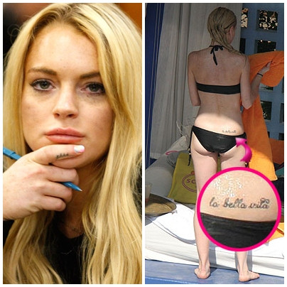 Hình xăm dòng chữ tiếng Ý “La Bella Vita” ở lưng dưới của nữ diễn viên Lindsay Lohan được thực hiện năm 2004 để tưởng nhớ về người cha quá cố của cô. Trong đám tang cha, Lindsay đọc bài thơ tiếng Ý với tiêu đề “La Bella Vita” có nghĩa là “Cuộc đời tươi đẹp”. Sau 6 tháng cha cô qua đời thì Lindsay đã cho xăm dòng chữ này. Ngoài ra, trên ngón tay trỏ phải của cô nàng còn có hình xăm dòng chữ "Shhh" (hình trái). Hình xăm dòng chữ tiếng Ý “La Bella Vita” ở lưng dưới của nữ diễn viên Lindsay Lohan được thực hiện năm 2004 để tưởng nhớ về người cha quá cố của cô. Trong đám tang cha, Lindsay đọc bài thơ tiếng Ý với tiêu đề “La Bella Vita” có nghĩa là “Cuộc đời tươi đẹp”. Sau 6 tháng cha cô qua đời thì Lindsay đã cho xăm dòng chữ này. Ngoài ra, trên ngón tay trỏ phải của cô nàng còn có hình xăm dòng chữ "Shhh" (hình trái).