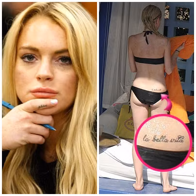 Hình xăm dòng chữ tiếng Ý “La Bella Vita” ở lưng dưới của nữ diễn viên Lindsay Lohan được thực hiện năm 2004 để tưởng nhớ về người cha quá cố của cô. Trong đám tang cha, Lindsay đọc bài thơ tiếng Ý với tiêu đề “La Bella Vita” có nghĩa là “Cuộc đời tươi đẹp”. Sau 6 tháng cha cô qua đời thì Lindsay đã cho xăm dòng chữ này. Ngoài ra, trên ngón tay trỏ phải của cô nàng còn có hình xăm dòng chữ "Shhh" (hình trái).