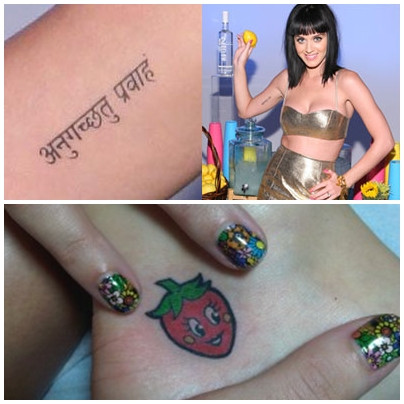 Năm 2010, nữ ca sĩ Katy Perry với hình xăm bằng chữ Phạn “Anuugacchati Pravaha” có nghĩa là “Thuận theo thự nhiên” tương tự như trên bắp tay của chồng cô từng xăm vì hai người có nhiều kỷ niệm ở Ấn Độ, tháng 10/2012 cặp đôi cũng sẽ tổ chức hôn lễ tại đất nước châu Á này. Trước đó, tháng 7/2009 Katy đã chọn hình xăm một quả dâu tây dễ thương phía dưới mắt cá chân trái. Năm 2010, nữ ca sĩ Katy Perry với hình xăm bằng chữ Phạn “Anuugacchati Pravaha” có nghĩa là “Thuận theo thự nhiên” tương tự như trên bắp tay của chồng cô từng xăm vì hai người có nhiều kỷ niệm ở Ấn Độ, tháng 10/2012 cặp đôi cũng sẽ tổ chức hôn lễ tại đất nước châu Á này. Trước đó, tháng 7/2009 Katy đã chọn hình xăm một quả dâu tây dễ thương phía dưới mắt cá chân trái.