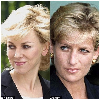 Naomi Watts (trái) sau khi đã được các nhà hóa trang "phù phép" thành Công nương Diana thời điểm năm 1997, khi bà ở Angola. >Ngắm ảnh Naomi Watts tuyệt đẹp trong tạo hình Công nương Diana