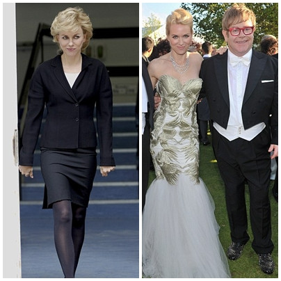 Naomi Watts vận một trang phục đen với mái tóc vàng óng cắt ngắn trông cực giống với Công nương Diana (trái). Naomi Watts bên cạnh nam ca sĩ Elton John. Naomi Watts vận một trang phục đen với mái tóc vàng óng cắt ngắn trông cực giống với Công nương Diana (trái). Naomi Watts bên cạnh nam ca sĩ Elton John.