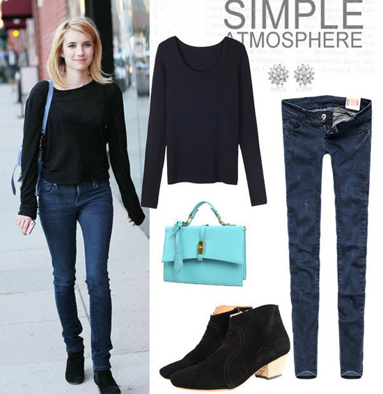 Cô thường chọn quần jeans với ống ôm sát chân hay đôi khi là quần ống vẩy kết hợp với áo thun, áo len hay áo khoác nếu trời trở lạnh hoặc ra ngoài vào buổi tối. Ngoài ra, nếu không đi tiệc, Emma Roberts thích đi giày búp bê, ankle boot đế bệt, tạo cảm giác thoải mái.