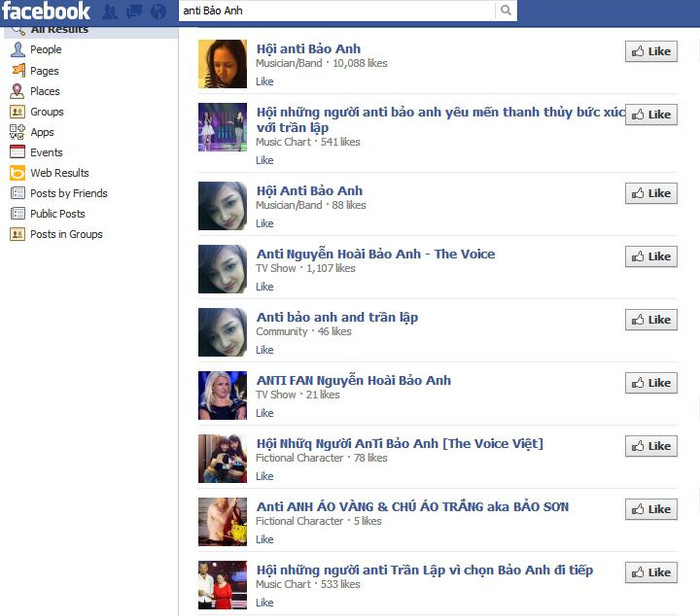 Chỉ cần một động tác trên thanh công cụ tìm kiếm của Facebook với cụm từ "anti Bảo Anh" hay Trần Lập sẽ cho ra hàng loạt kết quả như thế này