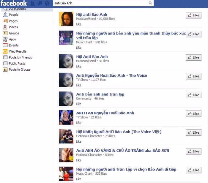 Chỉ cần một động tác trên thanh công cụ tìm kiếm của Facebook với cụm từ "anti Bảo Anh" hay Trần Lập sẽ cho ra hàng loạt kết quả như thế này