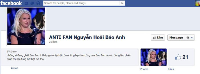 So với các thí sinh khác thì Bảo Anh là người có "bộ sưu tập" khổng lồ các fanpage tẩy chay bên cạnh những fanpage ủng hộ được lập ra rất nhiều trước đó...