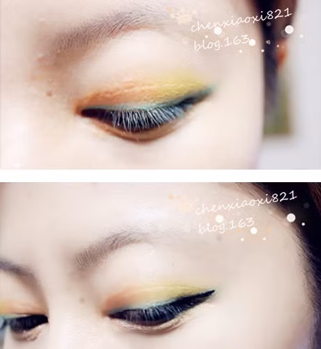 Sau đó, chọn màu xanh lá mạ và màu vàng cam phối cùng, tạo cho mắt gam màu tươi tắn, độc đáo mà vẫn không bị rực. Sử dụng bút kẻ nước vẽ đường mắt mèo.