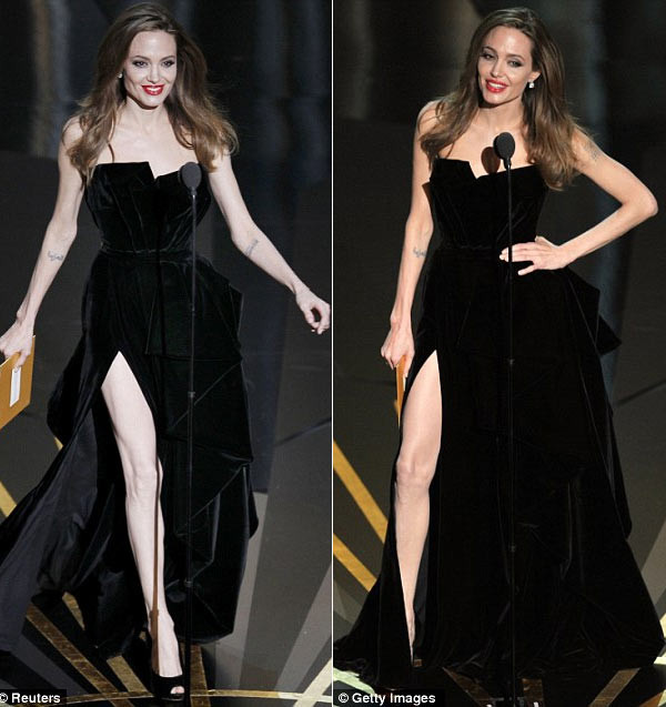 Lên sân khấu trao giải Oscar, Angie mất vài giây để chỉnh dáng, váy sao cho chân phải thòi ra khỏi váy rồi mới bắt đầu phát biểu. Lên sân khấu trao giải Oscar, Angie mất vài giây để chỉnh dáng, váy sao cho chân phải thòi ra khỏi váy rồi mới bắt đầu phát biểu.