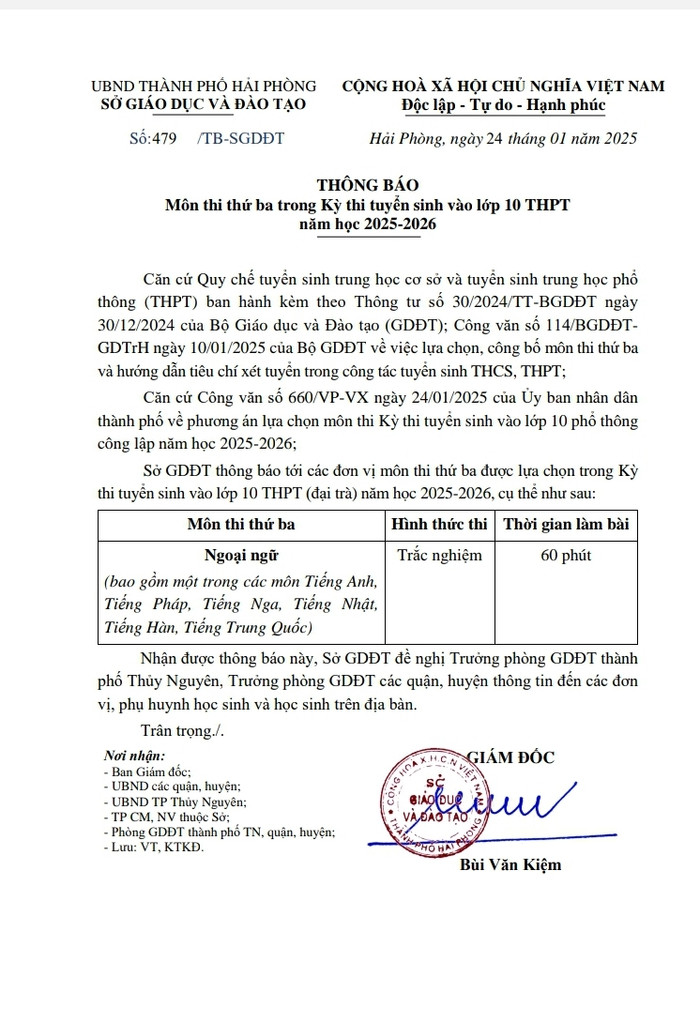 Hải Phòng công bố môn thi thứ 3 trong kỳ thi tuyển sinh vào lớp 10 (Ảnh: LT) Screenshot_20250124-192022_Drive.jpg