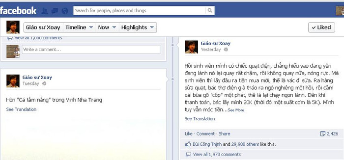 Dòng tâm sự của Giáo sư Xoay trên facebook đang thu hút hàng trăm ngàn cư dân của trang mạng xã hội này ủng hộ.