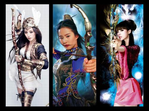 Hóa thân trong các nữ cung thủ: Là gương mặt đại diện của các game online (trò chơi trực tuyến hay game trực tuyến), không ít các người đẹp Hoa ngữ hóa thân với tạo hình một mỹ nhân đẹp lung linh không tì vết giương cung đầy dũng khí và không kém phần gợi cảm. Từ trái qua: Phạm Băng Băng, Lưu Diệc Phi, Liễu Nham, Hóa thân trong các nữ cung thủ: Là gương mặt đại diện của các game online (trò chơi trực tuyến hay game trực tuyến), không ít các người đẹp Hoa ngữ hóa thân với tạo hình một mỹ nhân đẹp lung linh không tì vết giương cung đầy dũng khí và không kém phần gợi cảm. Từ trái qua: Phạm Băng Băng, Lưu Diệc Phi, Liễu Nham,