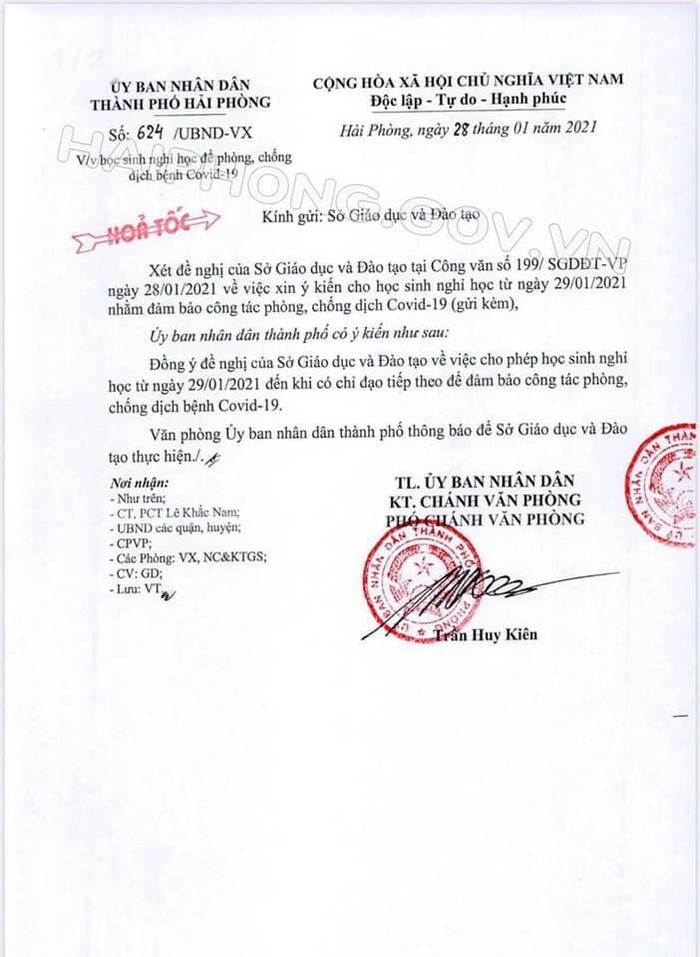 Hải Phòng cho học sinh nghỉ học từ ngày 29/1 để phòng, chống dịch ảnh 1 Hải Phòng cho học sinh nghỉ học từ ngày 29/1 để phòng, chống dịch ảnh 1