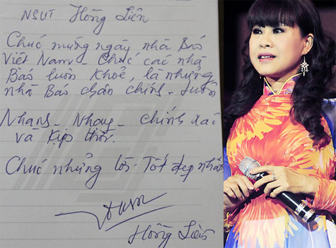 NSƯT Hồng Liên: 'Chúc mừng ngày nhà báo Việt Nam. Chúc các nhà báo luôn khỏe, là những nhà báo chân chính - luôn nhanh- nhạy-chính xác và kịp thời. Chúc những lời tốt đẹp nhất'. NSƯT Hồng Liên: 'Chúc mừng ngày nhà báo Việt Nam. Chúc các nhà báo luôn khỏe, là những nhà báo chân chính - luôn nhanh- nhạy-chính xác và kịp thời. Chúc những lời tốt đẹp nhất'.