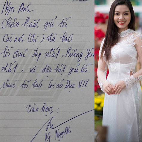 Ca sĩ Ngọc Anh: 'Chân thành gửi tới các anh chị nhà báo lời chúc tốt đẹp nhất, thương yêu nhất và đặc biệt gửi lời chúc tới báo Giáo dục Việt Nam'. Ca sĩ Ngọc Anh: 'Chân thành gửi tới các anh chị nhà báo lời chúc tốt đẹp nhất, thương yêu nhất và đặc biệt gửi lời chúc tới báo Giáo dục Việt Nam'.