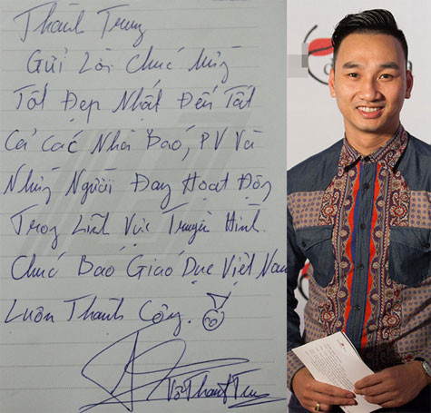 MC Thành Trung: 'Gửi lời chúc mừng tốt đẹp nhất đến tất cả các nhà báo, phóng viên và những người đang hoạt động trong lĩnh vực truyền hình. Chúc báo Giáo dục Việt Nam luôn thành công'. MC Thành Trung: 'Gửi lời chúc mừng tốt đẹp nhất đến tất cả các nhà báo, phóng viên và những người đang hoạt động trong lĩnh vực truyền hình. Chúc báo Giáo dục Việt Nam luôn thành công'.