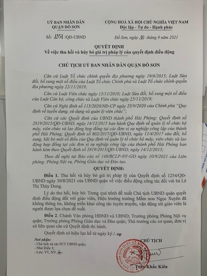 Quận Đồ Sơn hủy bỏ Quyết định điều động giáo viên mầm non (Ảnh: Lã Tiến)