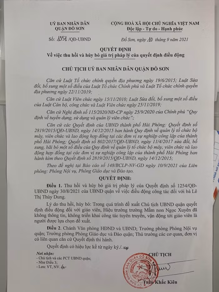 Quận Đồ Sơn hủy bỏ Quyết định điều động giáo viên mầm non (Ảnh: Lã Tiến)