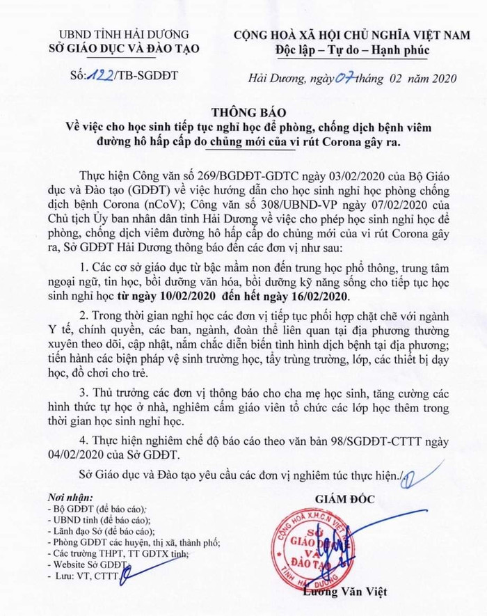 Văn bản tiếp tục cho học sinh nghỉ học đến ngày 16/2 của Ủy ban nhân dân tỉnh Hải Dương (Ảnh: LT) Văn bản tiếp tục cho học sinh nghỉ học đến ngày 16/2 của Ủy ban nhân dân tỉnh Hải Dương (Ảnh: LT)