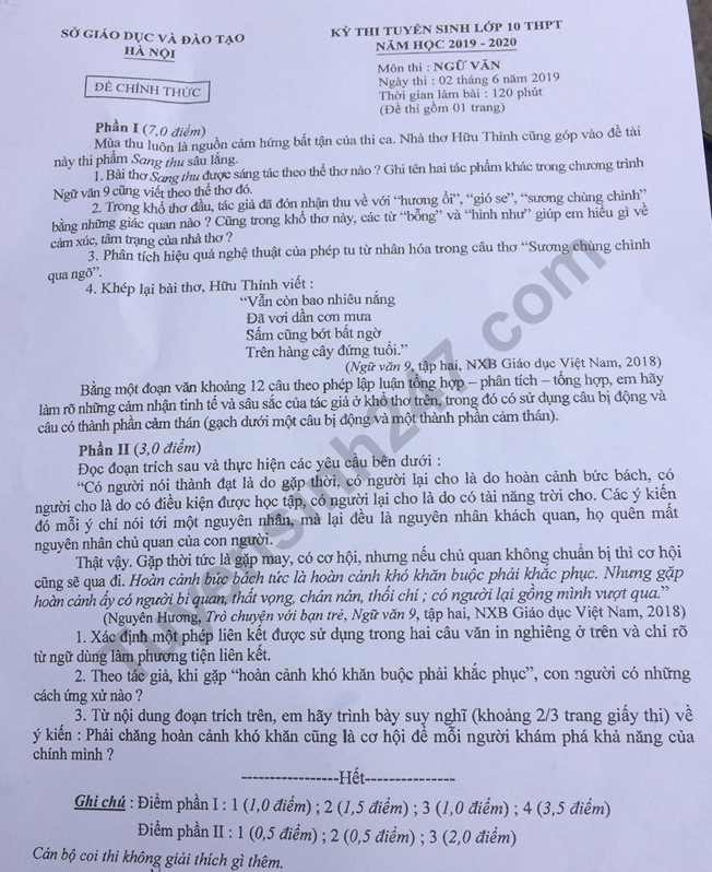 Đề thi tuyển sinh vào lớp 10 môn Ngữ văn thành phố Hà Nội năm học 2019 - 2020. (Ảnh: tuyensinh247) Đề thi tuyển sinh vào lớp 10 môn Ngữ văn thành phố Hà Nội năm học 2019 - 2020. (Ảnh: tuyensinh247)