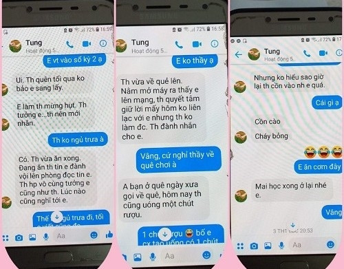 Những tin nhắn sử dụng ngôn từ tình cảm vượt quá mức bình thường giữa thầy giáo Nguyễn Đức Tùng và học sinh M. (Ảnh: CTV) Những tin nhắn sử dụng ngôn từ tình cảm vượt quá mức bình thường giữa thầy giáo Nguyễn Đức Tùng và học sinh M. (Ảnh: CTV)