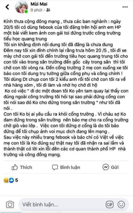Phụ huynh M.M đăng trên trang cá nhân đính chính nội dung đã đăng trước đó (Ảnh: Chụp từ tài khoản facebook được cho là của vị phụ huynh tố Trường Tiểu học Quang Trung để con bà phải đứng ngoài cổng trường chờ giờ vào học) Phụ huynh M.M đăng trên trang cá nhân đính chính nội dung đã đăng trước đó (Ảnh: Chụp từ tài khoản facebook được cho là của vị phụ huynh tố Trường Tiểu học Quang Trung để con bà phải đứng ngoài cổng trường chờ giờ vào học)