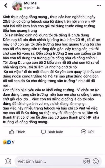 Phụ huynh M.M đăng trên trang cá nhân đính chính nội dung đã đăng trước đó (Ảnh: Chụp từ tài khoản facebook được cho là của vị phụ huynh tố Trường Tiểu học Quang Trung để con bà phải đứng ngoài cổng trường chờ giờ vào học)