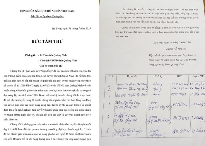Bức tâm thư của các giáo viên mầm non hợp đồng gửi Bí thư Tỉnh ủy Quảng Ninh (Ảnh: Lã Tiến)