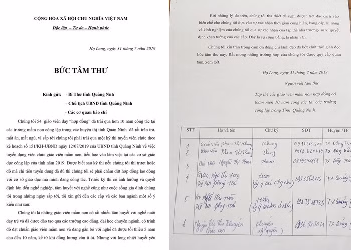 Bức tâm thư của các giáo viên mầm non hợp đồng gửi Bí thư Tỉnh ủy Quảng Ninh (Ảnh: Lã Tiến)