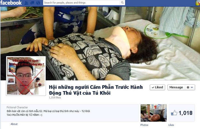 Một fanpage khác có tên Hội những người Căm Phẫn Trước Hành Động Thú Vật của Tú Khôi Một fanpage khác có tên Hội những người Căm Phẫn Trước Hành Động Thú Vật của Tú Khôi