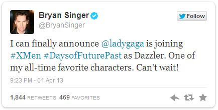 Thông báo của đạo diễn Bryan Singer khi công bố Lady Gaga vào vai Dazzler trong phần 3 của X-Men. Thông báo của đạo diễn Bryan Singer khi công bố Lady Gaga vào vai Dazzler trong phần 3 của X-Men.