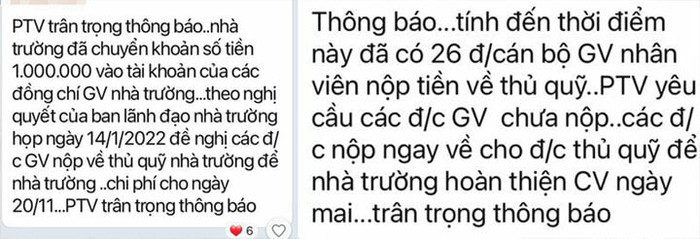 Trường Tiểu học Kim Liên chuyển 1 triệu đồng cho giáo viên nhân dịp 20/11 nhưng sau đó yêu cầu giáo viên nộp lại (Ảnh: NVCC) truong-tieu-hoc-kim-lien-1.jpeg
