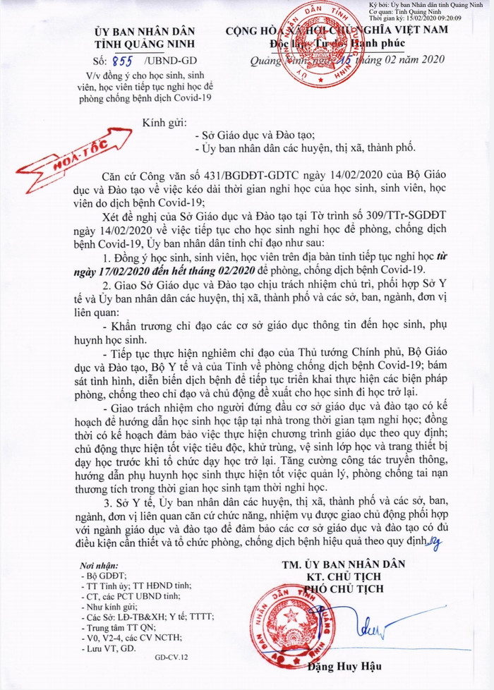Công văn của Ủy ban nhân dân tỉnh Quảng Ninh cho phép học sinh nghỉ học đến hết tháng 2 (Ảnh: LT) Công văn của Ủy ban nhân dân tỉnh Quảng Ninh cho phép học sinh nghỉ học đến hết tháng 2 (Ảnh: LT)