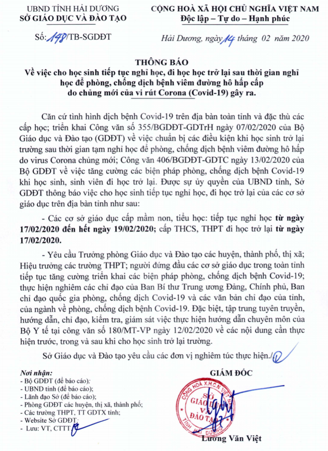 Thông báo cho học sinh trung học cơ sở, trung học phổ thông tiếp tục đi học từ ngày 17/2 của Sở Giáo dục và Đào tạo Hải Dương (Ảnh: LT)