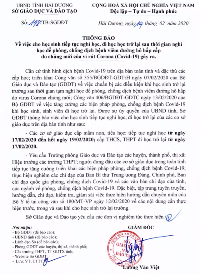 Thông báo cho học sinh trung học cơ sở, trung học phổ thông tiếp tục đi học từ ngày 17/2 của Sở Giáo dục và Đào tạo Hải Dương (Ảnh: LT) Thông báo cho học sinh trung học cơ sở, trung học phổ thông tiếp tục đi học từ ngày 17/2 của Sở Giáo dục và Đào tạo Hải Dương (Ảnh: LT)