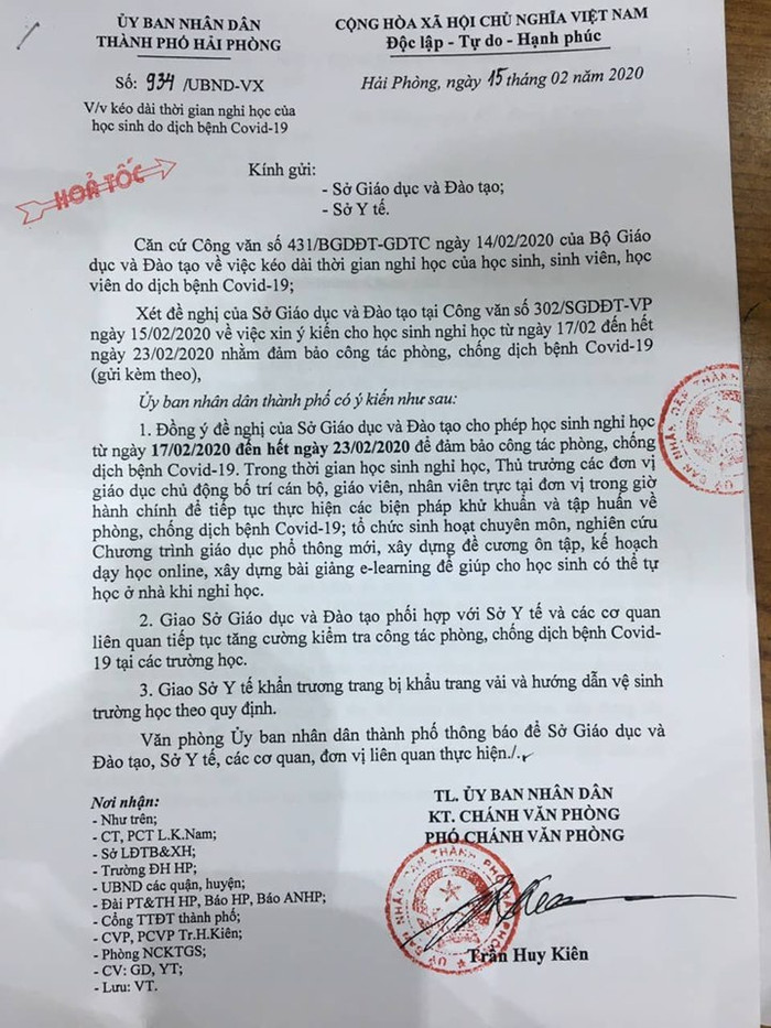 Văn bản hỏa tốc của Ủy ban nhân dân thành phố Hải Phòng (Ảnh: LT)