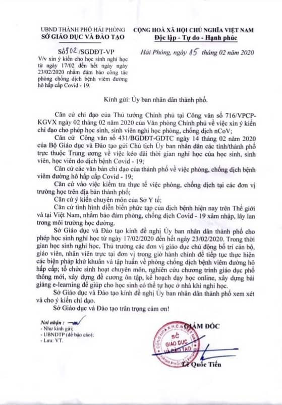 Văn bản đề nghị Ủy ban nhân dân thành phố Hải Phòng cho phép học sinh tiếp tục nghỉ học của Sở Giáo dục và Đào tạo (Ảnh: LT)