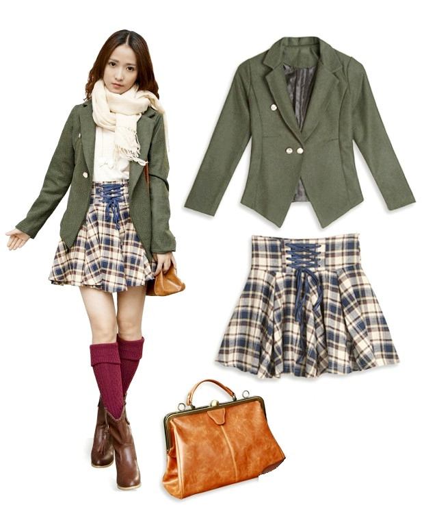 Bộ 7: Kiểu kết hợp gợi nhớ tới hình ảnh các nữ sinh Nhật Bản. Tại đất nước Mặt trời mọc, chân váy kẻ rất thịnh hành trong đồng phục học sinh.