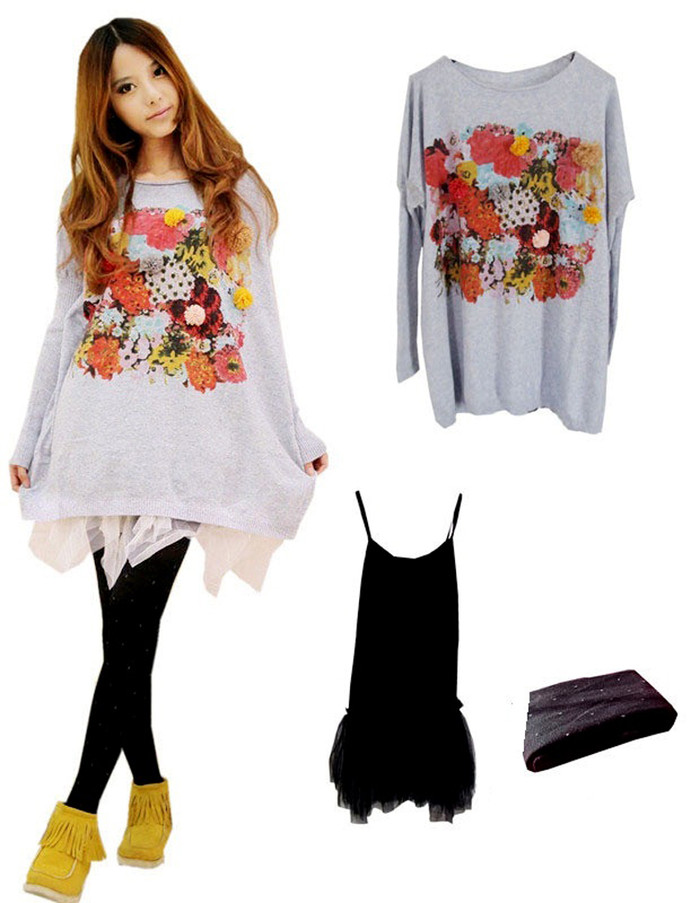 Bộ 3: Phá cách với áo pull thụng. Đây là dáng áo Free size, vì thế hợp với mọi thân hình. Đừng quên mặc kèm quần tất bó nhé.