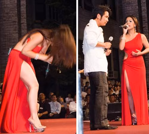 Chiếc đầm đỏ gần như khoe trọn vẹn đôi chân của ca sĩ, đó là chưa kể phần eo có khoét tròn, cổ áo lệch khoe bờ vai thon. Xem thêm: Phong cách thời trang Sao Việt.