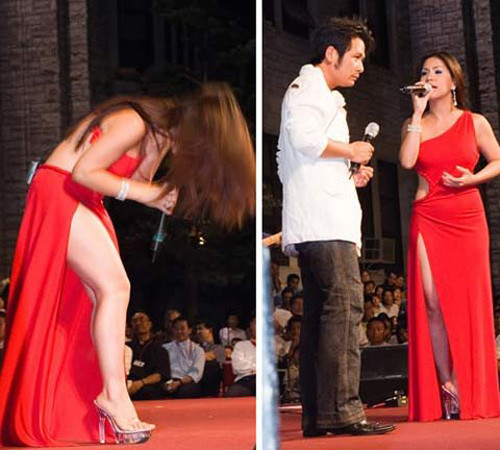 Chiếc đầm đỏ gần như khoe trọn vẹn đôi chân của ca sĩ, đó là chưa kể phần eo có khoét tròn, cổ áo lệch khoe bờ vai thon. Xem thêm: Phong cách thời trang Sao Việt.