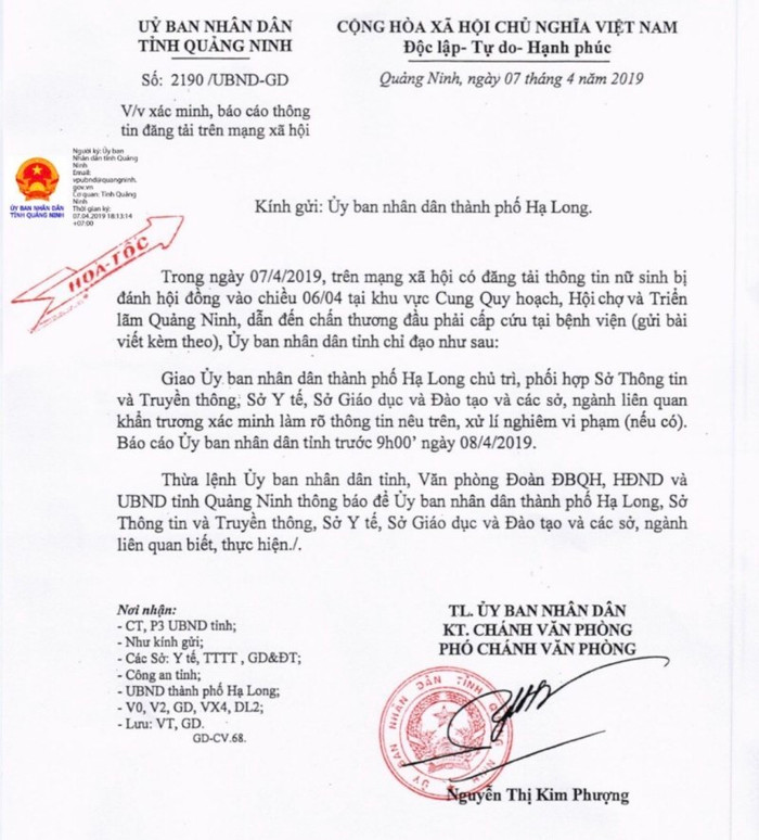 Văn bản chỉ đạo xử lý nghiêm vụ nữ sinh bị đánh hội đồng của Ủy ban nhân dân tỉnh Quảng Ninh (Ảnh: Lã Tiến) Văn bản chỉ đạo xử lý nghiêm vụ nữ sinh bị đánh hội đồng của Ủy ban nhân dân tỉnh Quảng Ninh (Ảnh: Lã Tiến)
