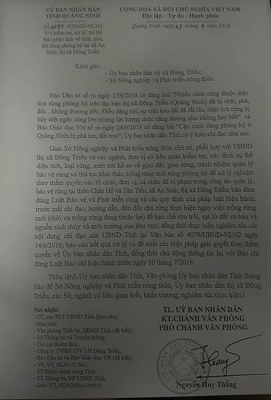 Công văn chỉ đạo xử lý các tổ chức, cá nhân để xảy ra tình trạng chặt phá rừng phòng hộ (Ảnh: Lã Tiến). Công văn chỉ đạo xử lý các tổ chức, cá nhân để xảy ra tình trạng chặt phá rừng phòng hộ (Ảnh: Lã Tiến).
