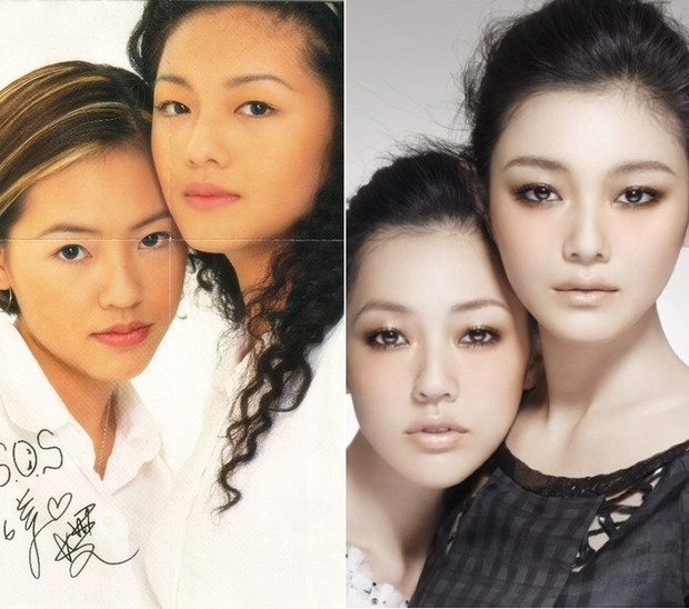Nhan sắc hai chị em Đại-Tiểu S "thuở ban đầu" (trái) và hiện tại (phải).