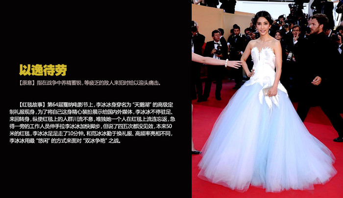 Lý Băng Băng trên thảm đỏ LHP Cannes lần thứ 64 với bộ váy lộng lẫy hồ thiên nga. Trong sự kiện này còn có một Hoa đán khác là Phạm Băng Băng, thế nhưng song Băng đều tránh chạm mặt nhau. Thảm đỏ có chiều dài hơn 50 mét và Lý Băng Băng đã đi đi lại lại gần 10 phút nhưng cũng không chạm trán "kỳ phùng địch thủ".