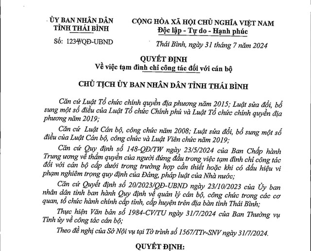 Quyết định tạm đình chỉ công tác đối với ông Nguyễn Viết Hiển, Tỉnh ủy viên, Giám đốc Sở Giáo dục và Đào tạo tỉnh kể từ ngày 31/7 để phục vụ thanh tra việc tổ chức Kỳ thi tuyển sinh vào lớp 10 (Ảnh: LT) dinh-chi.jpg